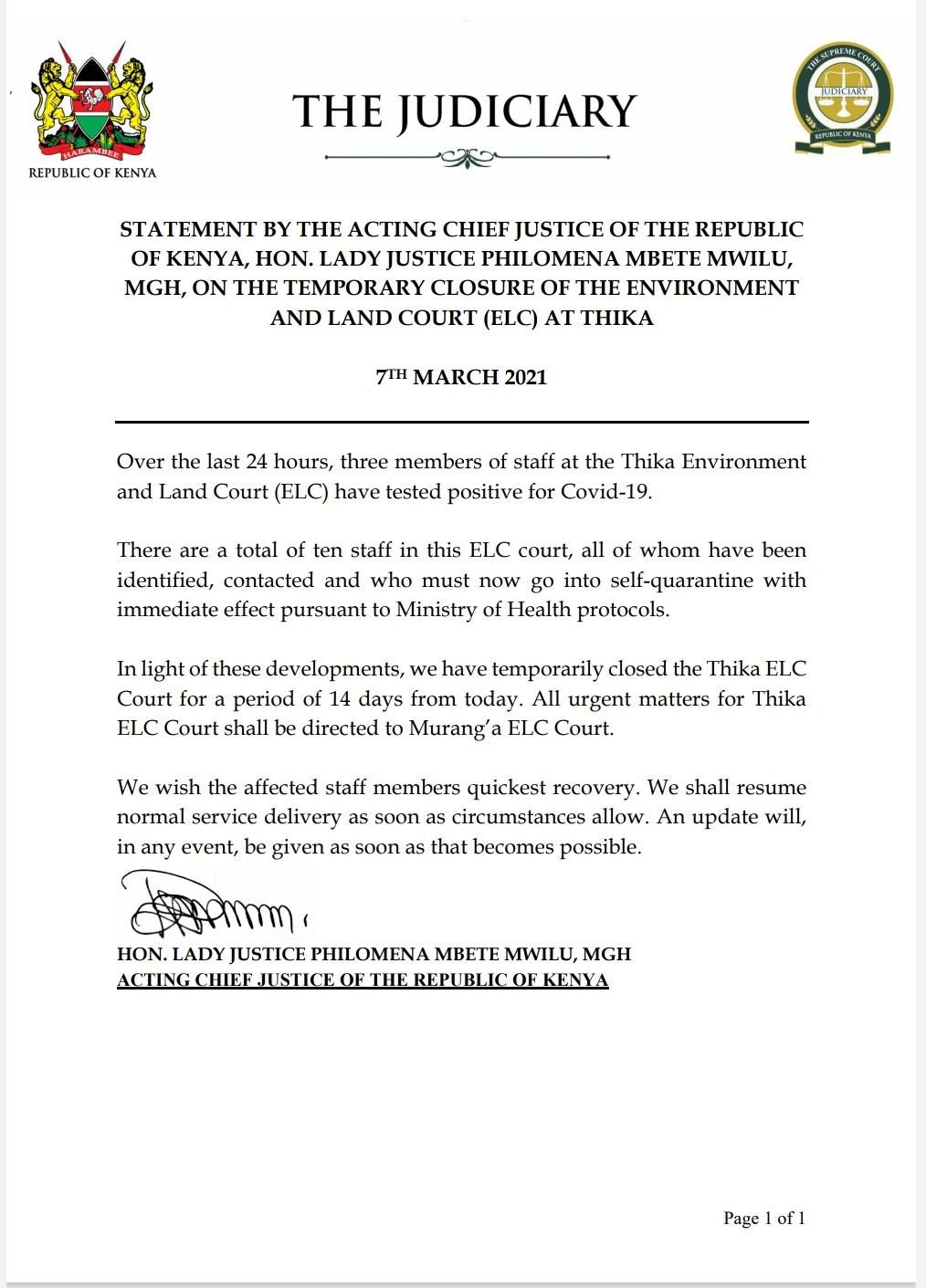 Acting CJ, Philomena Mwilu's statement