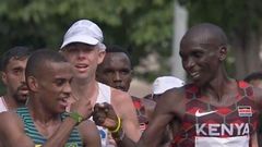 Brazilian marathoner Daniel Do Nascimento's fist bump with legend Eliud Kipchoge during the 2020 Tokyo Olympics