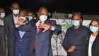 Health CS Mutahi Kagwe with other ministry officials when they received first consignment of Covid-19 vaccines at JKIA