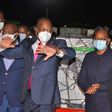 Health CS Mutahi Kagwe with other ministry officials when they received first consignment of Covid-19 vaccines at JKIA