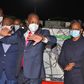 Health CS Mutahi Kagwe with other ministry officials when they received first consignment of Covid-19 vaccines at JKIA