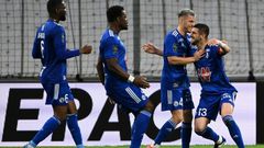 Great strike: Strasbourg's Serbian defender Stefan Mitrovic puts his team ahead