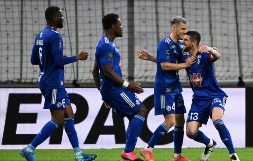 Great strike: Strasbourg's Serbian defender Stefan Mitrovic puts his team ahead