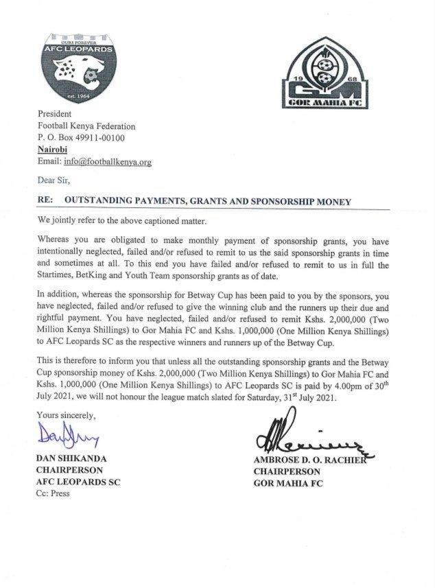 Full statement from AFC Leopards chairman Dan Shikanda and Gor Mahia chairman  Ambrose Rachier.