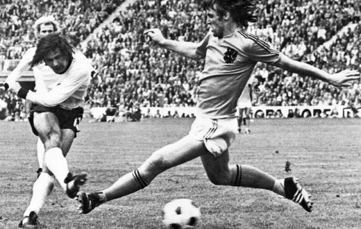 Gerd Mueller scores the winning goal for West Germany in the 1974 World Cup final against the Netherlands