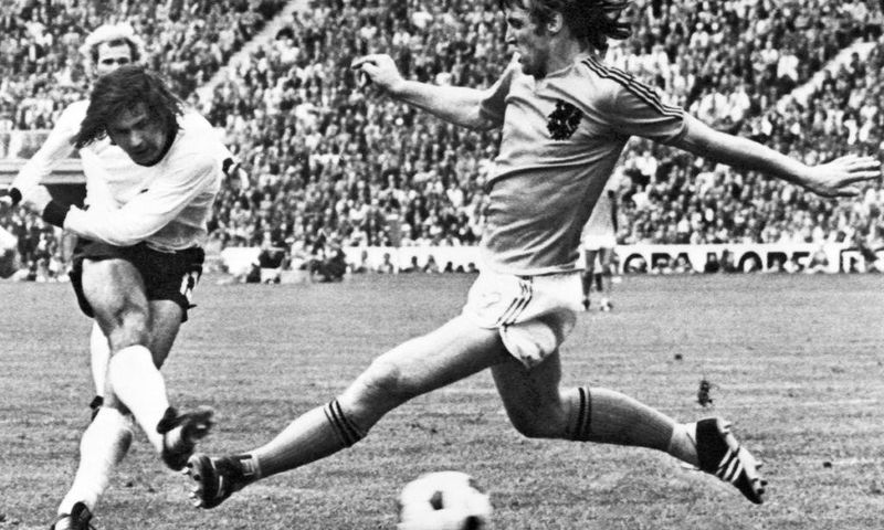 Gerd Mueller scores the winning goal for West Germany in the 1974 World Cup final against the Netherlands