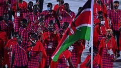 Kenya's delegation parade during the opening ceremony of the Tokyo 2020 Olympic Games, at the Olympic Stadium, in Tokyo, on July 23, 2021. (Photo by Ben STANSALL / AFP) (Photo by BEN STANSALL/AFP via Getty Images)