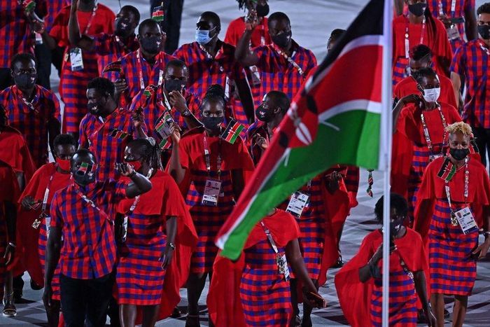Kenya's delegation parade during the opening ceremony of the Tokyo 2020 Olympic Games, at the Olympic Stadium, in Tokyo, on July 23, 2021. (Photo by Ben STANSALL / AFP) (Photo by BEN STANSALL/AFP via Getty Images)