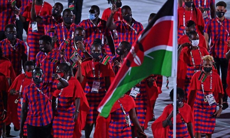 Kenya's delegation parade during the opening ceremony of the Tokyo 2020 Olympic Games, at the Olympic Stadium, in Tokyo, on July 23, 2021. (Photo by Ben STANSALL / AFP) (Photo by BEN STANSALL/AFP via Getty Images)