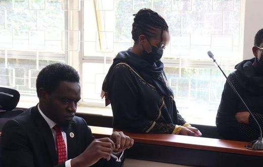 Billionaire Mary Wambui Mungai (r), Purity Njoki Mungai (c), and LSK President Nelson Havi at the Milimani Law Courts on Thursday, December 9, 2021