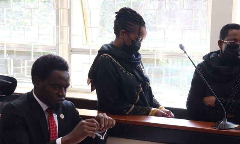 Billionaire Mary Wambui Mungai (r), Purity Njoki Mungai (c), and LSK President Nelson Havi at the Milimani Law Courts on Thursday, December 9, 2021