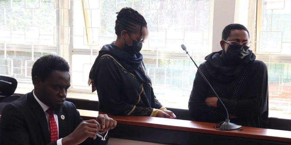 Billionaire Mary Wambui Mungai (r), Purity Njoki Mungai (c), and LSK President Nelson Havi at the Milimani Law Courts on Thursday, December 9, 2021