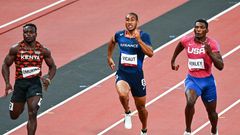 (L-R) Ferdinand OMURWA of Kenya, Jimmy VICAUT of France and Fred KERLEY of USA (100m) during athletics day three at Olympic Stadium on August 1, 2021 in Tokyo, Japan. (Photo by Anthony Dibon/Icon Sport via Getty Images)