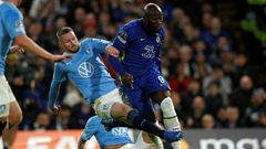 Malmo defender Lasse Nielsen fouls Chelsea striker Romelu Lukaku