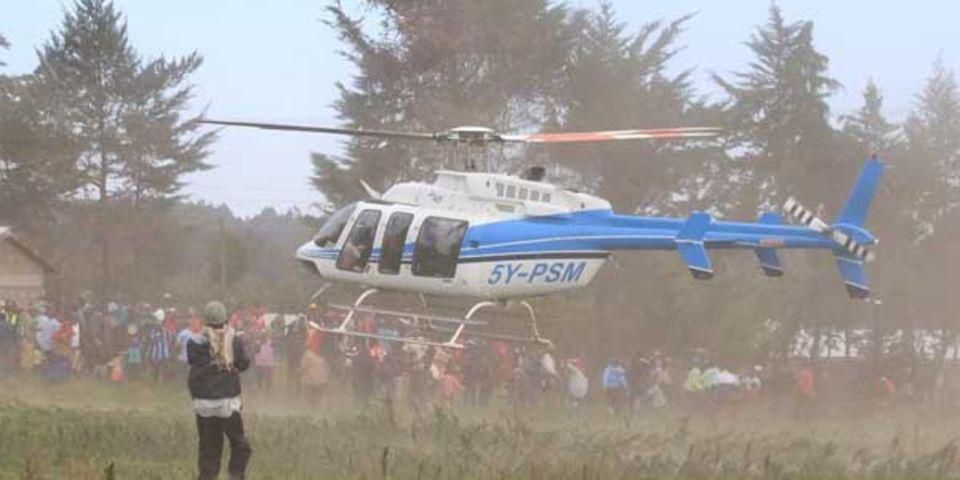 Nyeri Senator Ephraim Maina's helicopter lands at Warazo Jet in Nyeri where he commissioned a wooden bridge on March 12, 2017