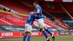 Brighton defender Lewis Dunk (right) celebrates scoring against Southampton
