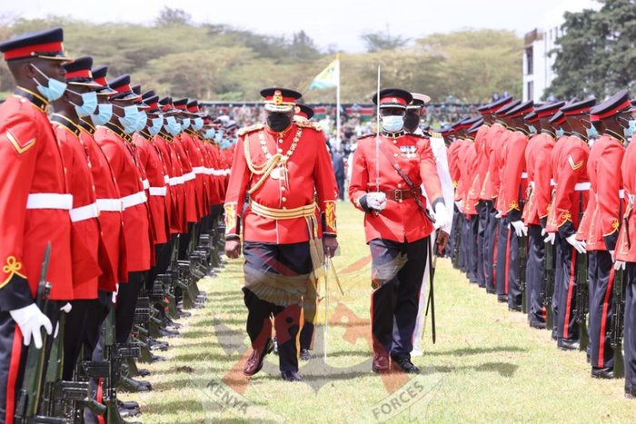 President Uhuru Kenyatta inspects a guard of honour mounted by the Kenya Army during 2021 Jamhuri Day celebrations at Uhuru Gardens, Nairobi
