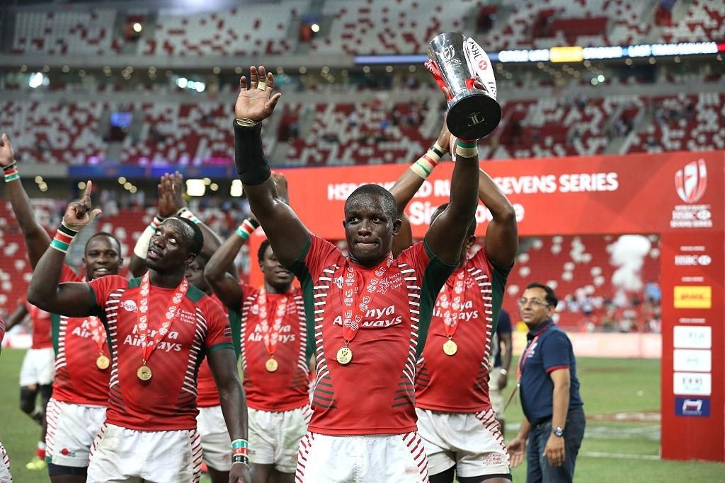 KALLANG, SINGAPORE - APRIL 17: Andrew Amonde of Kenya celebrates with the trophy after winning the 2016 Singapore Sevens Cup Final Match between Fiji and Kenya during the HSBC Singapore Sevens, the eighth round of the HSBC Sevens World Series at Nation...