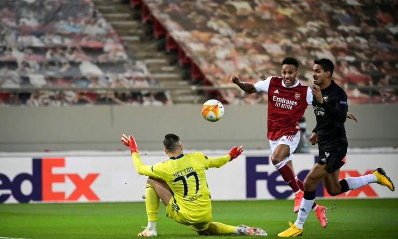 Pierre-Emerick Aubameyang (C) scored two of Arsenal's three goals in a win over Benfica in Greece