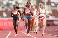 TOKYO, JAPAN - JULY 30: Mary Moraa of Team Kenya, Raevyn Rogers of Team United States and Keely Hodgkinson of Team Great Britain compete during round one of the Women's 800m heats on day seven of the Tokyo 2020 Olympic Games at Olympic Stadium on July 30, 2021 in Tokyo, Japan. (Photo by Christian Petersen/Getty Images)