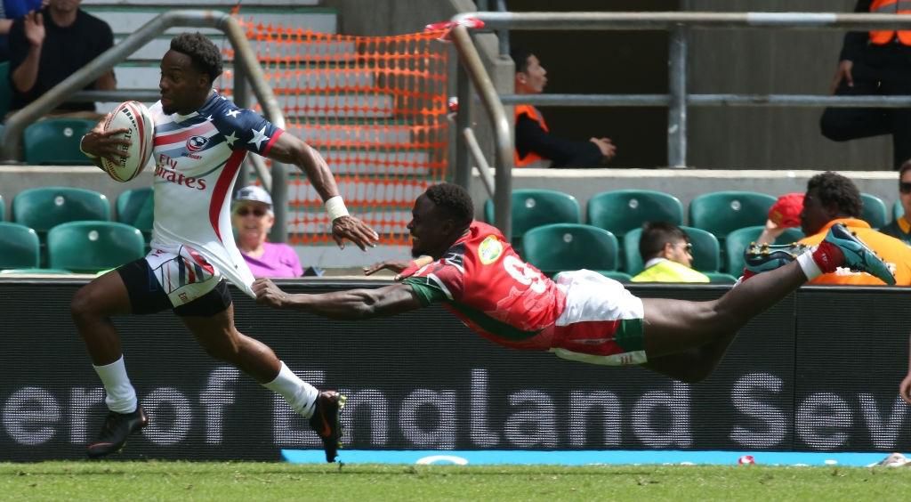 [FILE PHOTO] Carlin Isles of United States can't be caught by Nelson Oyoo of Kenya during HSBC World Rugby Sevens Series Pool C match between Kenya against United States at Twickenham stadium, London, on 2 June 2018 (Photo by Kieran Galvin/NurPhoto via Getty Images)