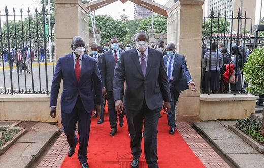 President Uhuru Kenyatta with his deputy William Ruto during the 2021 National Prayer Breakfast at Parliament buildings