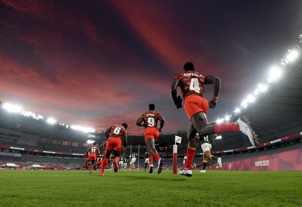 Tokyo , Japan - 26 July 2021; Kenya players run out before the rugby sevens men's pool A match between South Africa and Kenya at the Tokyo Stadium during the 2020 Tokyo Summer Olympic Games in Tokyo, Japan. (Photo By Stephen McCarthy/Sportsfile via Get...