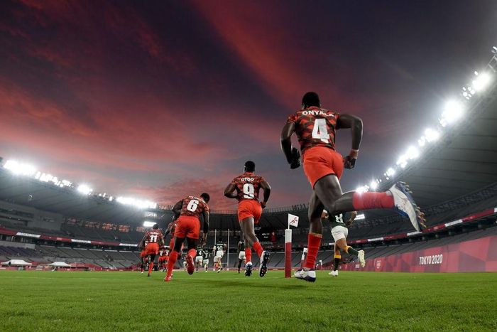 Tokyo , Japan - 26 July 2021; Kenya players run out before the rugby sevens men's pool A match between South Africa and Kenya at the Tokyo Stadium during the 2020 Tokyo Summer Olympic Games in Tokyo, Japan. (Photo By Stephen McCarthy/Sportsfile via Get...