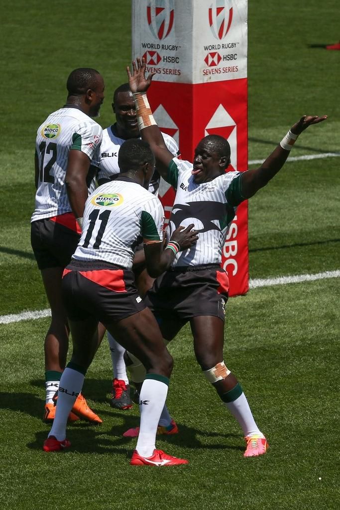 [FILE] HAMILTON, NEW ZEALAND - JANUARY 26: Collins Injera of Kenya celebrates with Alvin Otieno after scoring a try during the match between South Africa v Kenya at the 2020 HSBC Sevens at FMG Stadium Waikato on January 26, 2020 in Hamilton, New Zealand. (Photo by Hagen Hopkins/Getty Images)