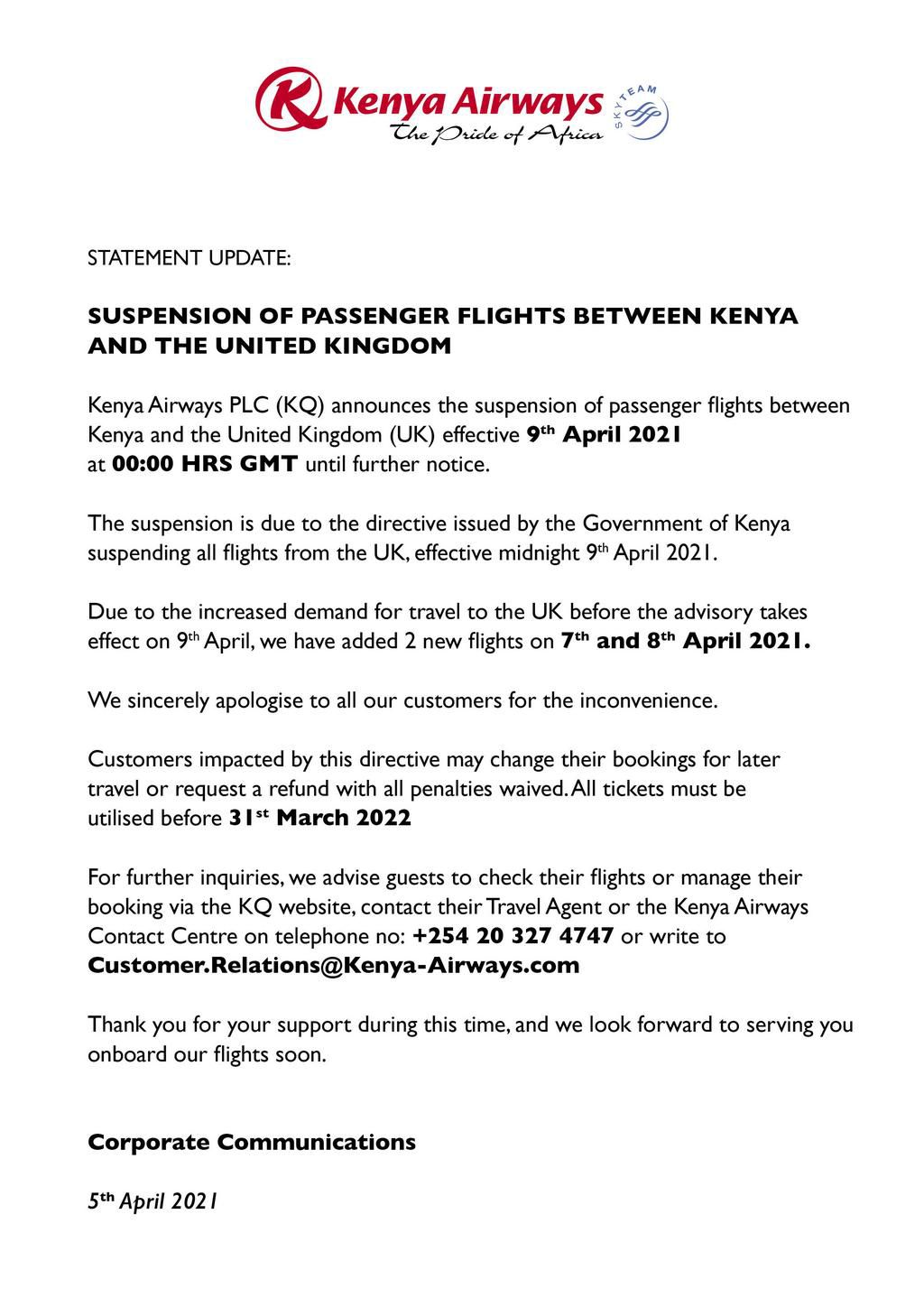 Kenya Airways suspends Passenger flights to the United Kingdom (UK) until further notice