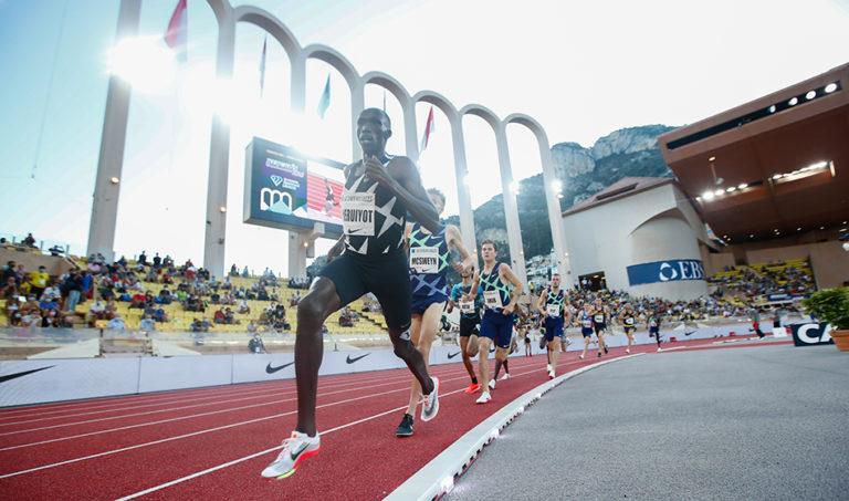 MONACO - JULY 09: Timothy Cheruiyot of Kenya wins the men's 1500m during the IAAF Diamond League Meeting Herculis EBS 2021 in the Stadium Louis II on July 9, 2021 in Monaco, Monaco..