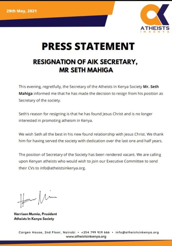 Kenya's Atheists Secretary resigns after 'finding' Jesus Christ
