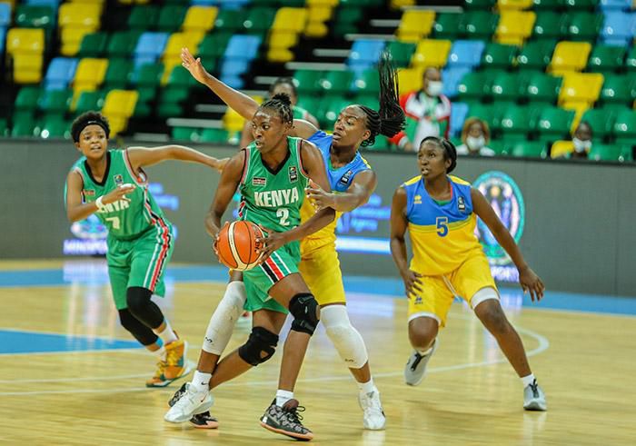 Kenya's Felmas Koranga (no.2) in action during the FIBA Women's AfroBasket 2021 Zone 5 qualifiers match between hosts Rwanda and Kenya at Kigali Arena in Kigali, Rwanda on July 16, 2021.