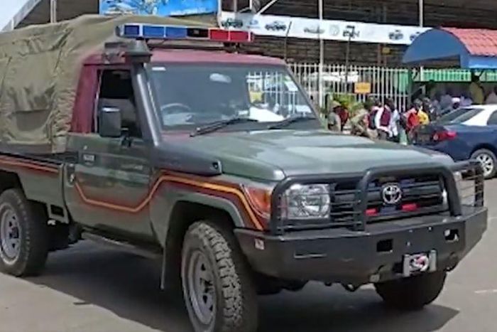 Police car outside Equity Bank, Anagwa Branch in Kisumu