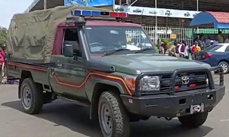 Police car outside Equity Bank, Anagwa Branch in Kisumu