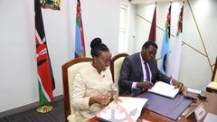 Former Defence CS Monica Juma officially hands over to former Devolution CS Eugene Wamalwa at the Defence Headquarters in Hurlingam.