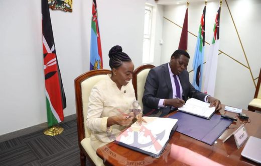 Former Defence CS Monica Juma officially hands over to former Devolution CS Eugene Wamalwa at the Defence Headquarters in Hurlingam.