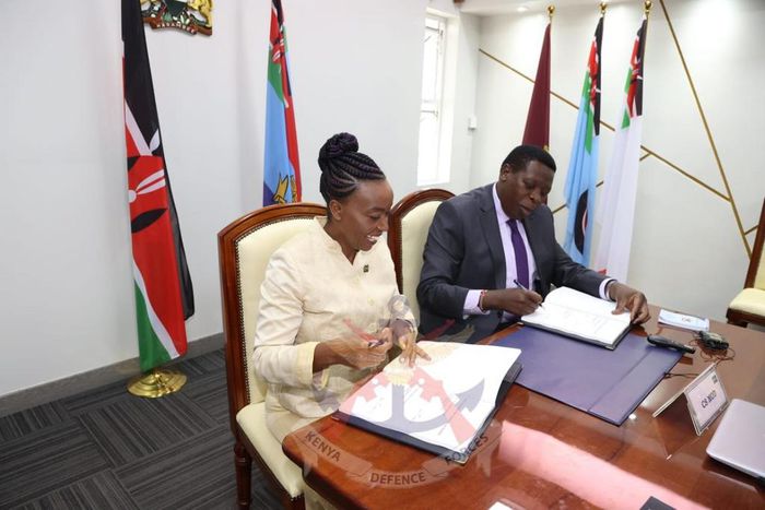 Former Defence CS Monica Juma officially hands over to former Devolution CS Eugene Wamalwa at the Defence Headquarters in Hurlingam.