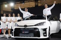 Toyota Motor President Akio Toyoda (L) and Executive Vice President Shigeki Tomoyama (D) unveil the GR Yaris rally car at the 2020 Tokyo Auto Salon in Chiba, a suburb of Tokyo on January 10, 2020, Japan. (Photo by YOSHIKAZU TSUNO/Gamma-Rapho via Getty Images)