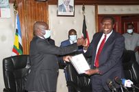 Defence CS Eugene Wamalwa handing over Devolution docket to the incoming CS Charles Keter.Image: EUGENE WAMALWA/TWITTER ACCOUNT