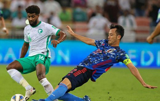 Japan's Maya Yoshida (R) was involved in a confrontation with Saudi Arabia fans after his side's 1-0 qualifying defeat