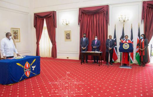 President Uhuru Kenyatta during Chief Justice Martha Koome's swearing-in at State House