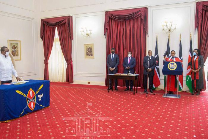 President Uhuru Kenyatta during Chief Justice Martha Koome's swearing-in at State House