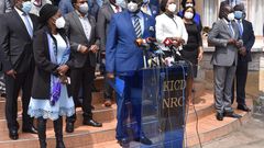 Education CS George Magoha with other education sector stakeholders during a press briefing on Monday November 16, 2020