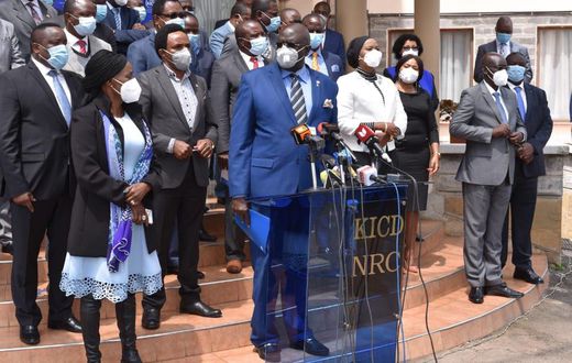Education CS George Magoha with other education sector stakeholders during a press briefing on Monday November 16, 2020