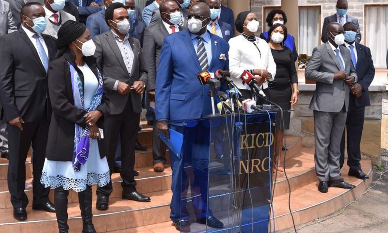Education CS George Magoha with other education sector stakeholders during a press briefing on Monday November 16, 2020