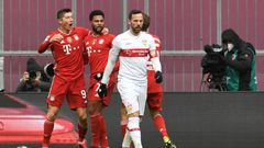 Robert Lewandowski (L) celebrates as Bayern Munich romp to a 4-0 home win over Stuttgart