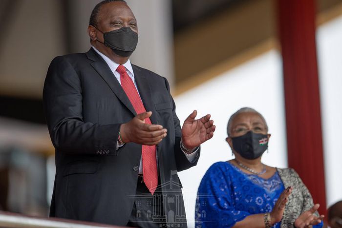 President Uhuru Kenyatta during the 2021 Mashujaa Day celebrations at the Wang'uru Stadium in Kirinyaga County