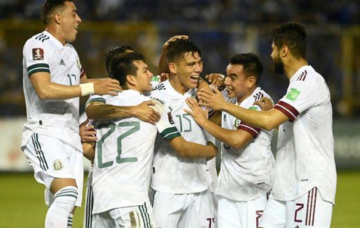 Mexico's Hector Moreno celebrates with teammates after scoring against El Salvador in a 2-0 World Cup qualifier in San Salvador