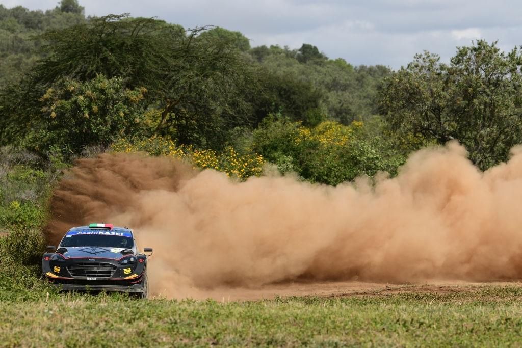NAIVASHA, KENYA - JUNE 23: Lorenzo Bertelli of Italy and Simone Scattolin of Italy compete with their M-Sport FORD WRT Ford Fiesta WRC during the Shakedown of the FIA World Rally Championship Kenya on June 23, 2021 in Naivasha, Kenya. (Photo by Massimo Bettiol/Getty Images)